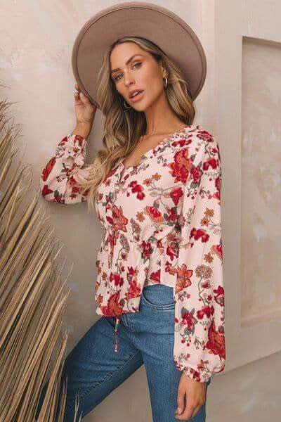 Lucy Floral V-Neck Drawstring Peplum Blouse - SwagglyLife Home & Fashion