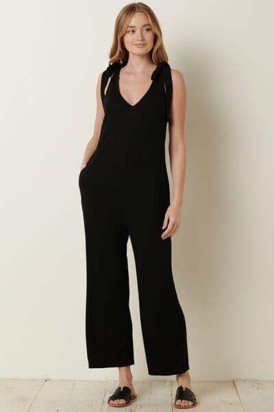 Mittoshop Rib Knit V-Neck Cross Back Jumpsuit - SwagglyLife Home & Fashion