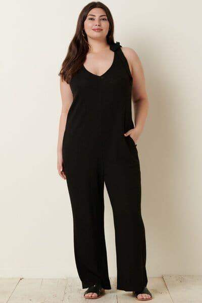 Mittoshop Rib Knit V-Neck Cross Back Jumpsuit - SwagglyLife Home & Fashion