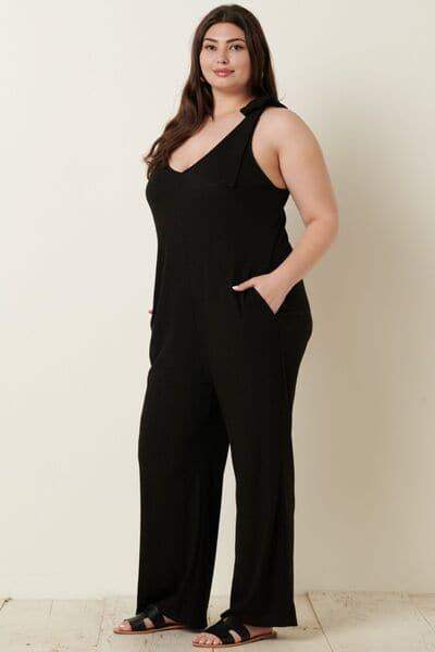 Mittoshop Rib Knit V-Neck Cross Back Jumpsuit - SwagglyLife Home & Fashion