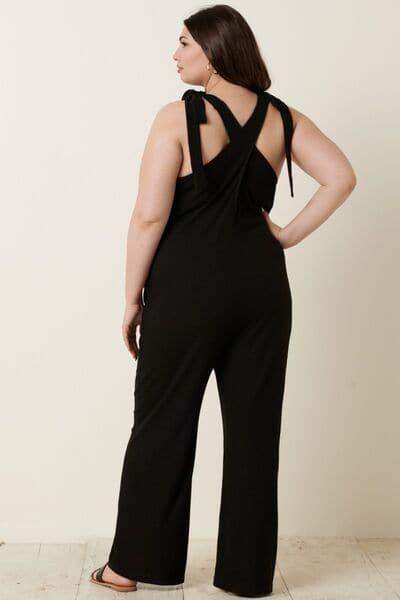Mittoshop Rib Knit V-Neck Cross Back Jumpsuit - SwagglyLife Home & Fashion