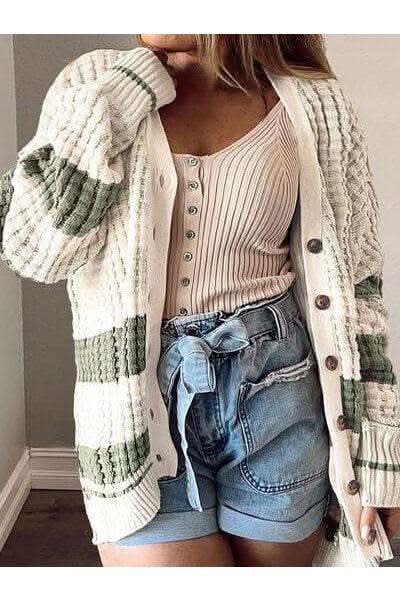 Monica Plus Size Striped Button Up Dropped Shoulder Cardigan in Cream - Shirts & Tops photo