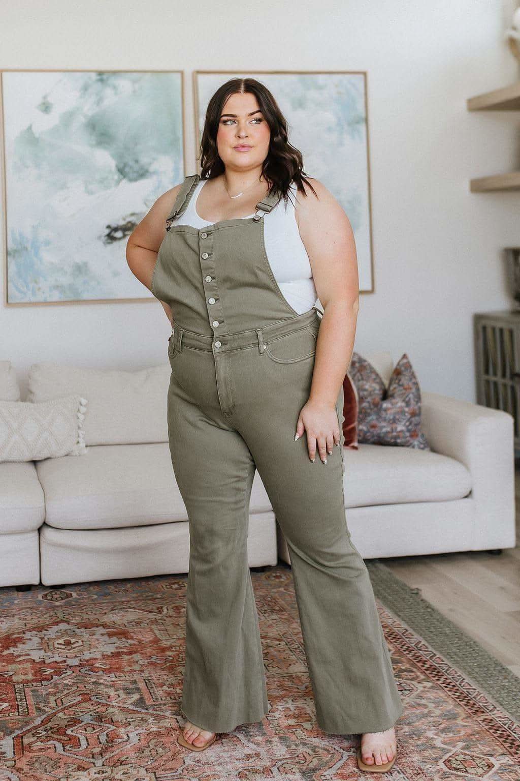 Olivia Control Top Release Hem Overalls in Olive in - Pants photo