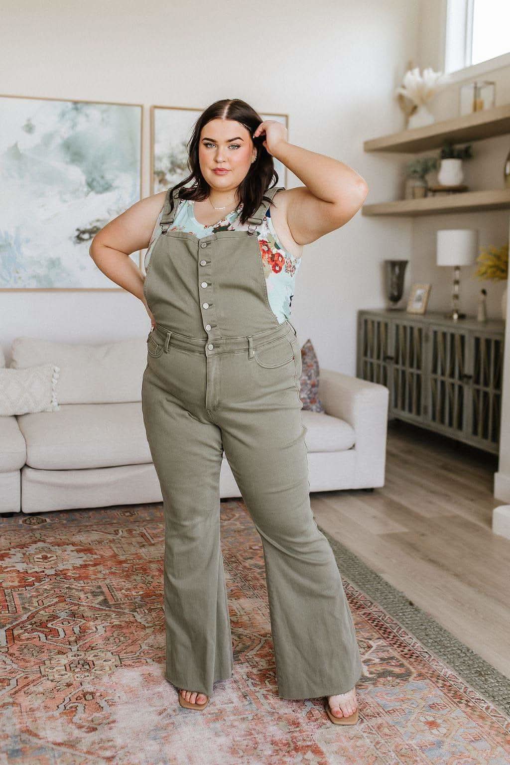 Olivia Control Top Release Hem Overalls in Olive in 3XL - Pants photo