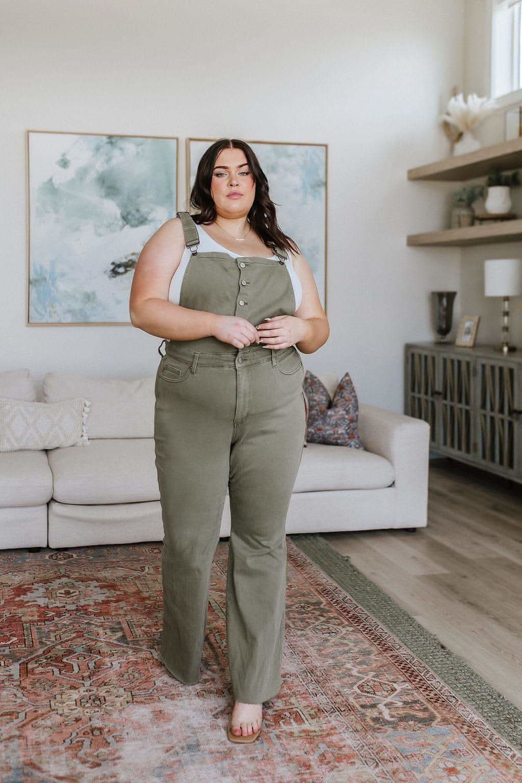 Olivia Control Top Release Hem Overalls in Olive in - Pants photo