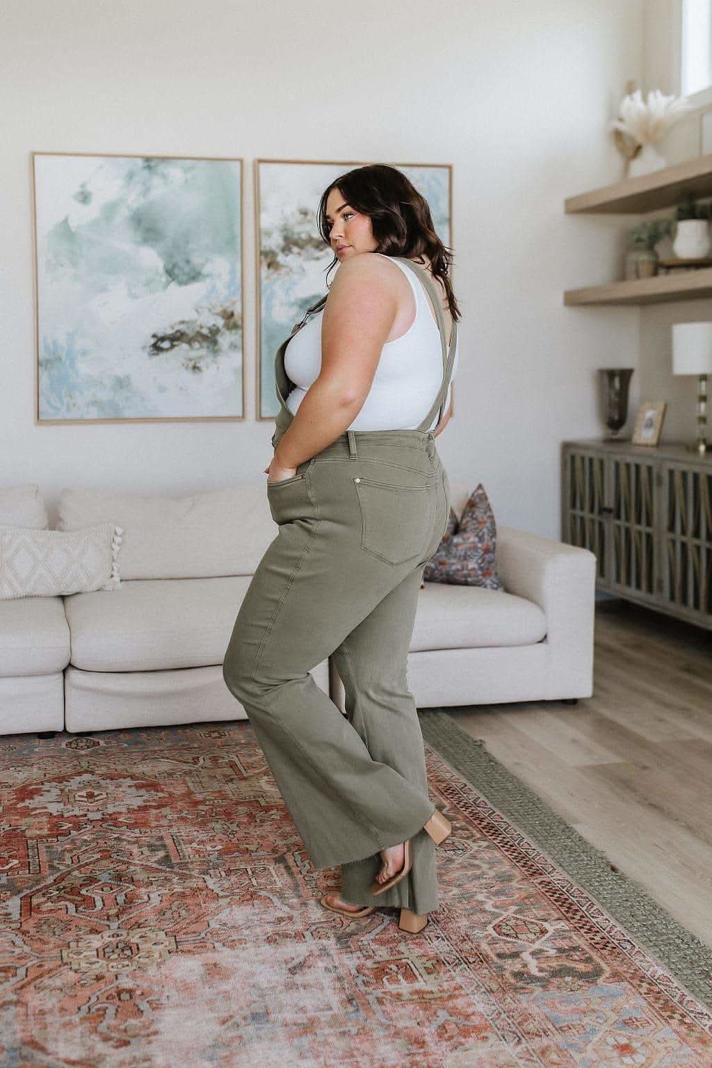 Olivia Control Top Release Hem Overalls in Olive in - Pants photo