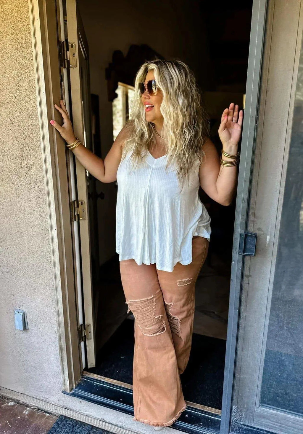 Blakeley Distressed Jeans In Olive and Camel in Camel - Jeans photo