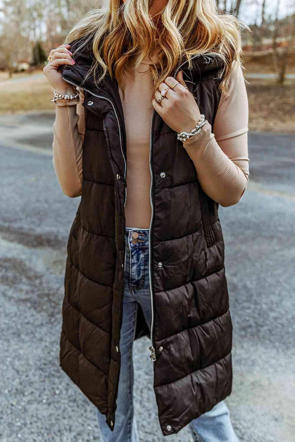 Raegan Longline Hooded Sleeveless Puffer Vest - SwagglyLife Home & Fashion
