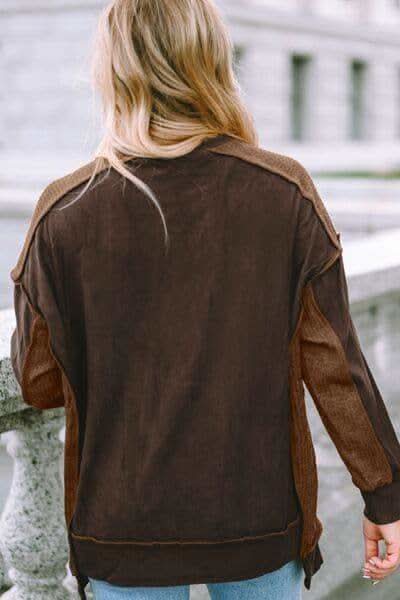 Sally Ribbed Exposed Seam Dropped Shoulder Blouse - SwagglyLife Home & Fashion