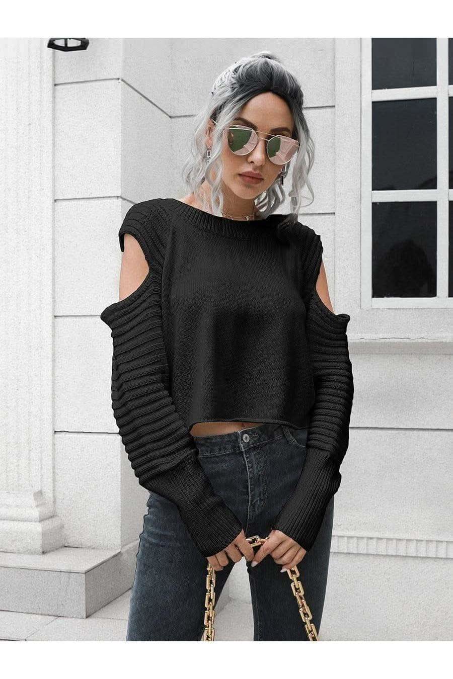 Sandie Cold-Shoulder Ribbed Trim Sweater, Multiple Colors - SwagglyLife Home & Fashion