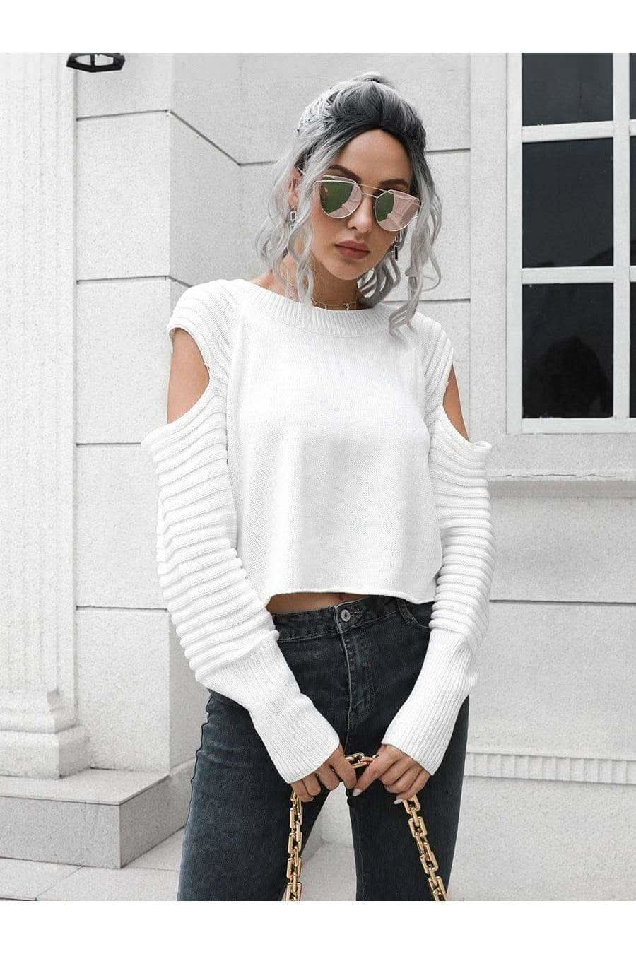 Sandie Cold-Shoulder Ribbed Trim Sweater, Multiple Colors - SwagglyLife Home & Fashion