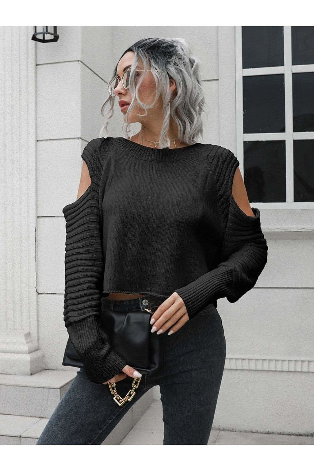 Sandie Cold-Shoulder Ribbed Trim Sweater, Multiple Colors - SwagglyLife Home & Fashion