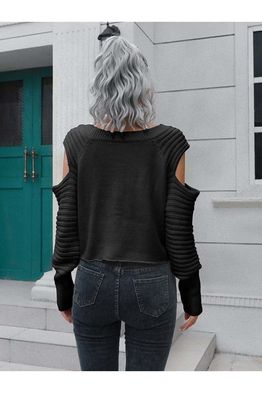 Sandie Cold-Shoulder Ribbed Trim Sweater, Multiple Colors - SwagglyLife Home & Fashion