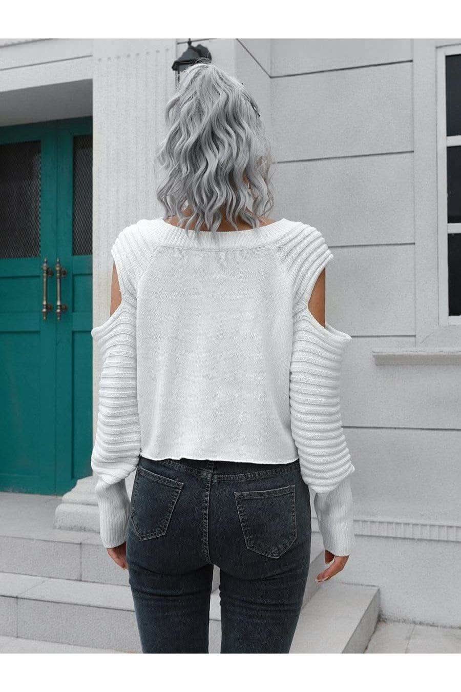 Sandie Cold-Shoulder Ribbed Trim Sweater, Multiple Colors - SwagglyLife Home & Fashion