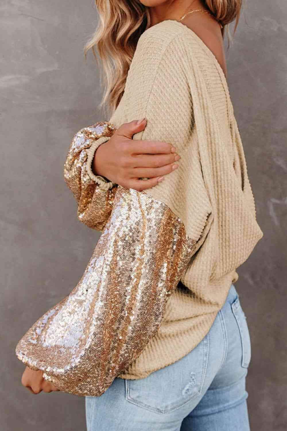 Sandra Sequin Waffle-Knit Blouse - SwagglyLife Home & Fashion