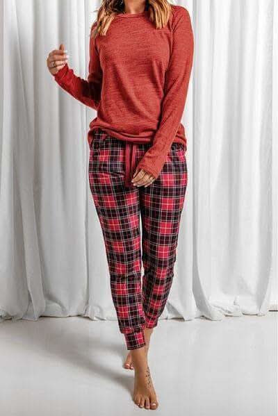 Stacy Round Neck Top and Drawstring Plaid Pants Lounge Set - SwagglyLife Home & Fashion Stacy Round Neck Top and Drawstring Plaid Pants Lounge Set - SwagglyLife Home & Fashion