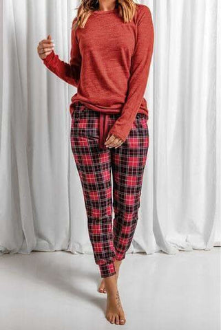 Stacy Round Neck Top and Drawstring Plaid Pants Lounge Set - SwagglyLife Home & Fashion Stacy Round Neck Top and Drawstring Plaid Pants Lounge Set - SwagglyLife Home & Fashion