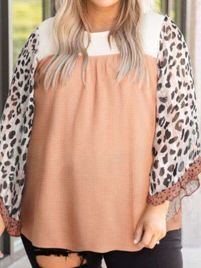 Stylishly Fierce Plus Size Leopard Ruffle Trim Long Sleeve Blouse in Peach - Shirts & Tops photo