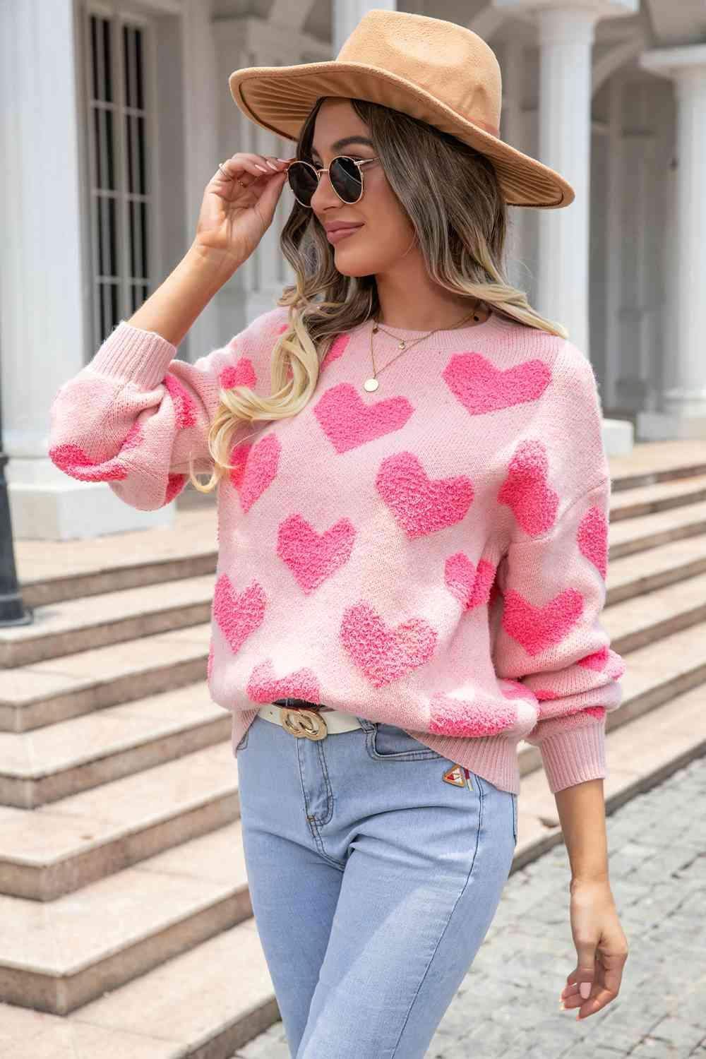 Sweet Love Round Neck Dropped Shoulder Sweater with Heart Pattern in - Shirts & Tops photo