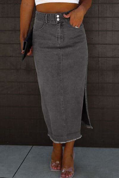Tara Raw Hem Slit Pocketed Midi Denim Skirt in Dark - Skirts photo