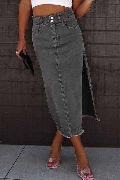 Tara Raw Hem Slit Pocketed Midi Denim Skirt in - Skirts photo