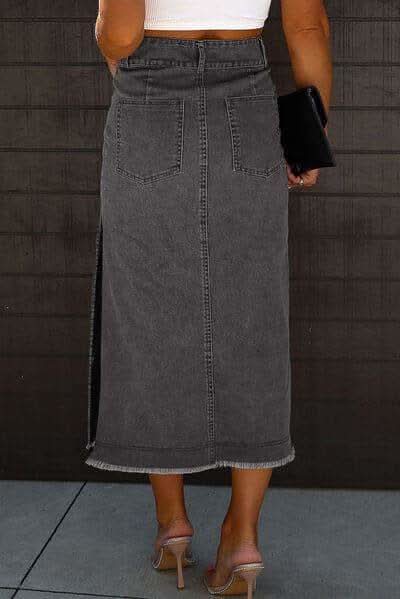 Tara Raw Hem Slit Pocketed Midi Denim Skirt in - Skirts photo