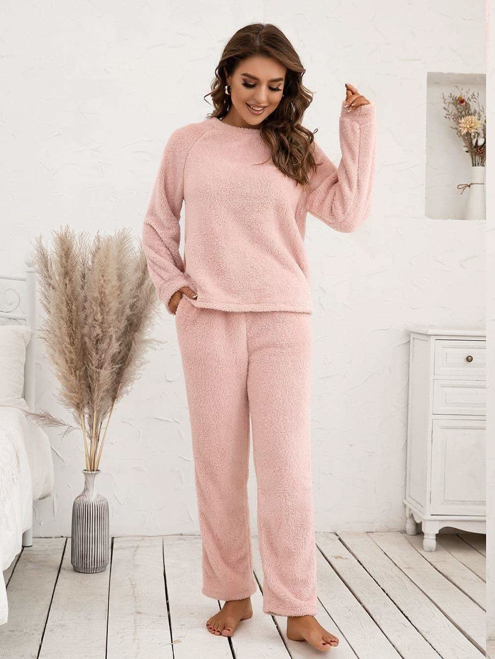 Teddy Long Sleeve Top and Pants Lounge Set in Peach - photo
