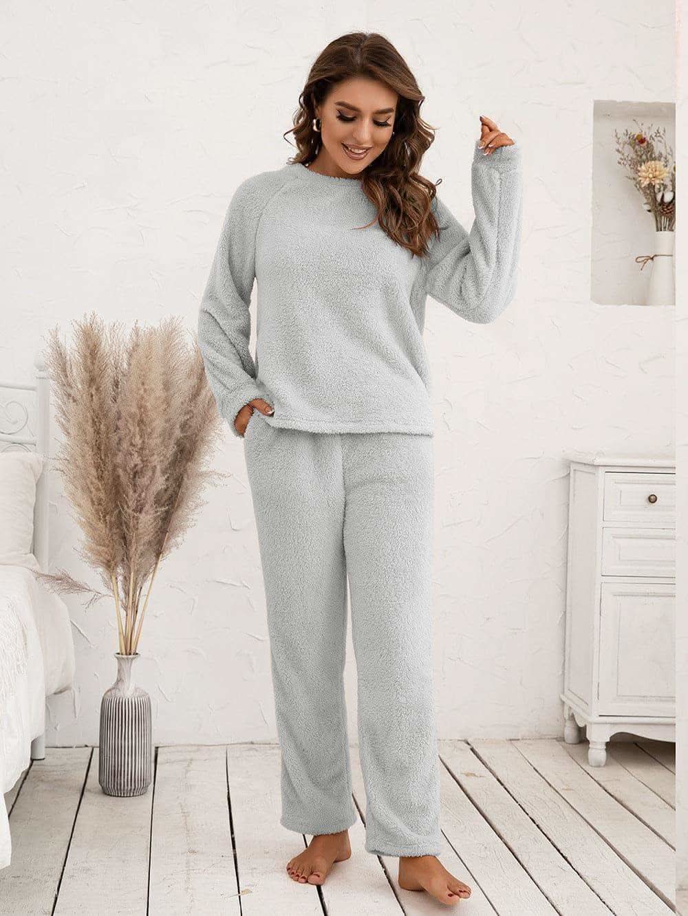 Teddy Long Sleeve Top and Pants Lounge Set in Light Gray - photo