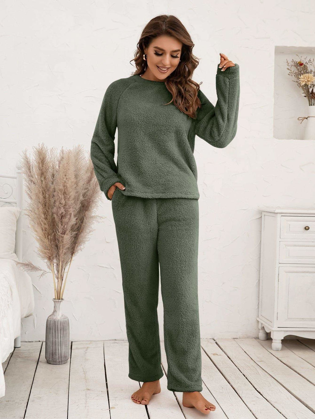 Teddy Long Sleeve Top and Pants Lounge Set in Moss - photo