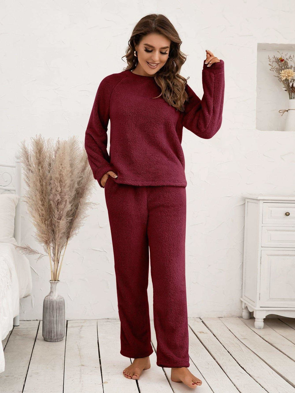 Teddy Long Sleeve Top and Pants Lounge Set in Wine - photo