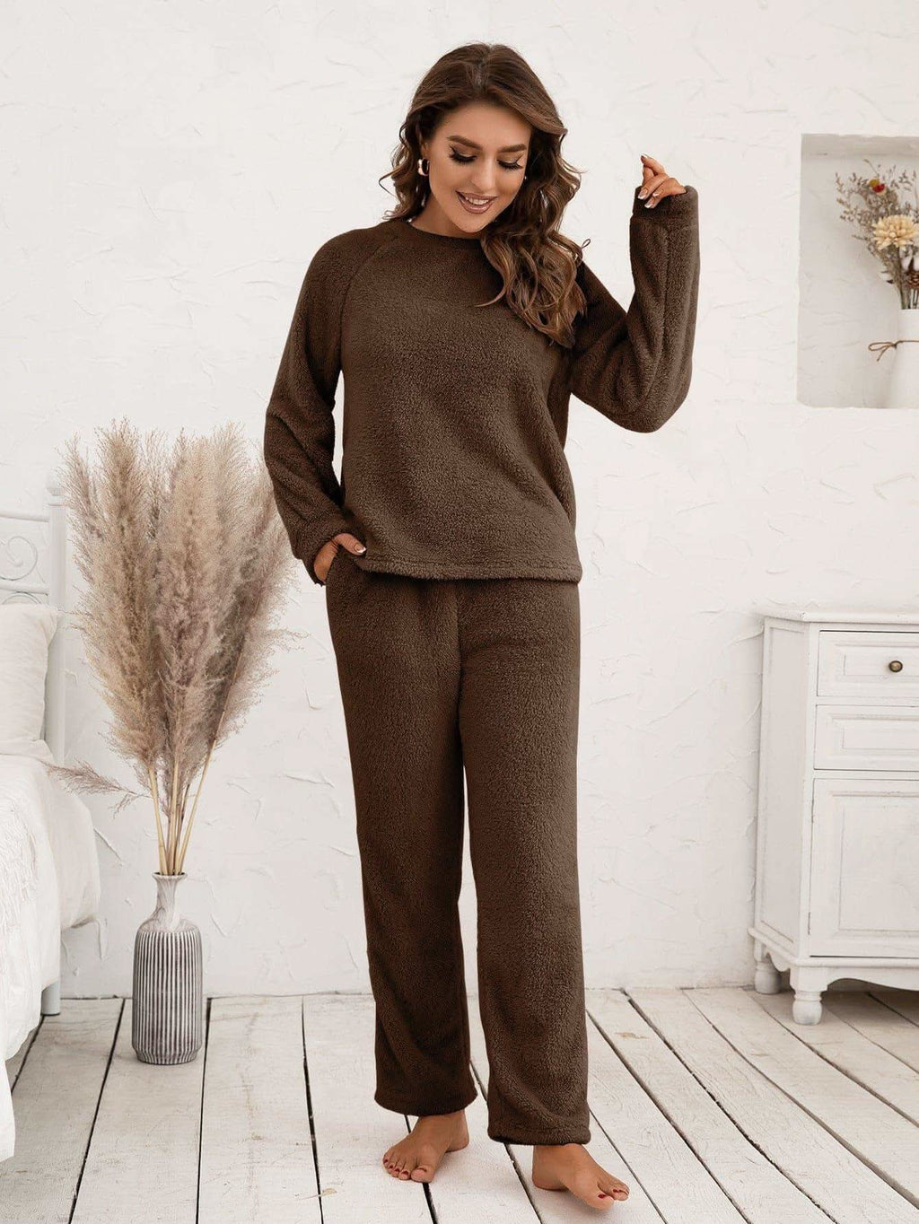 Teddy Long Sleeve Top and Pants Lounge Set in Chocolate - photo
