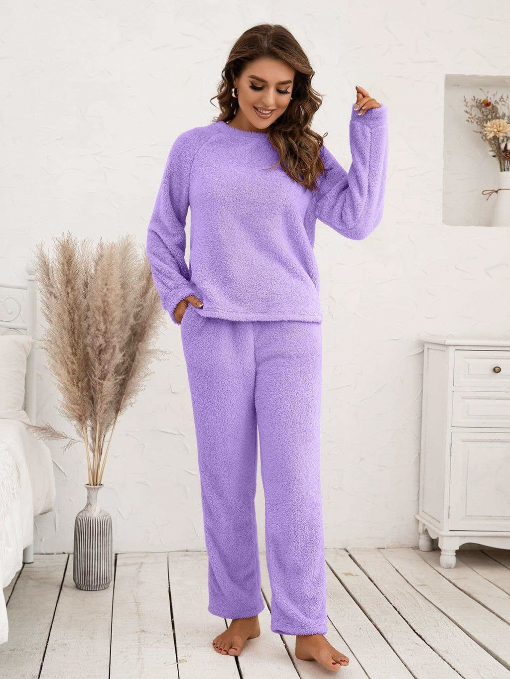 Teddy Long Sleeve Top and Pants Lounge Set in Lavender - photo