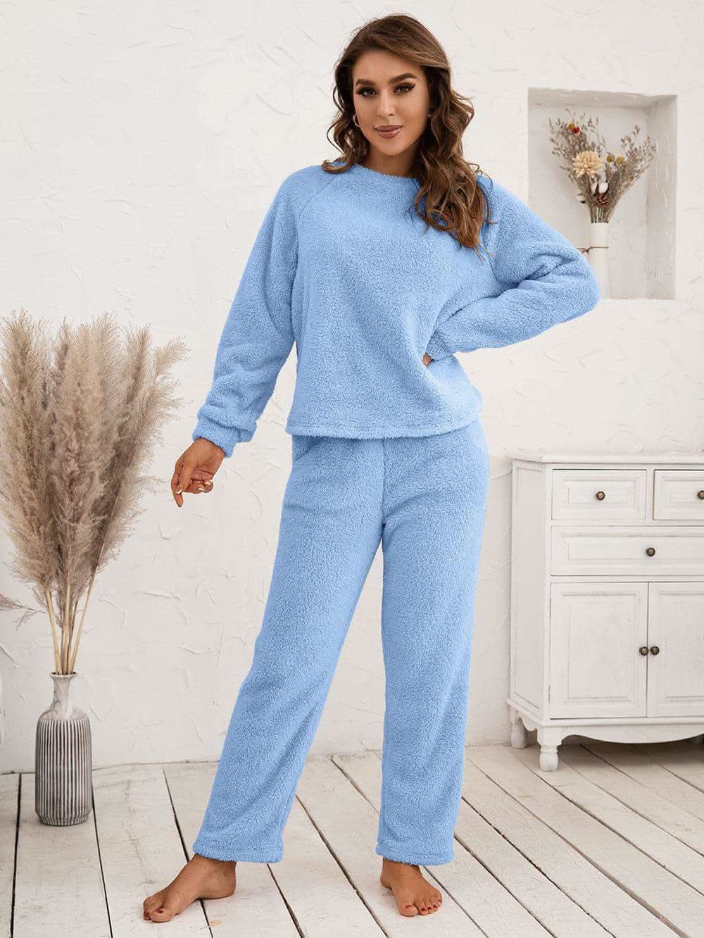 Teddy Long Sleeve Top and Pants Lounge Set in Pastel Blue - photo