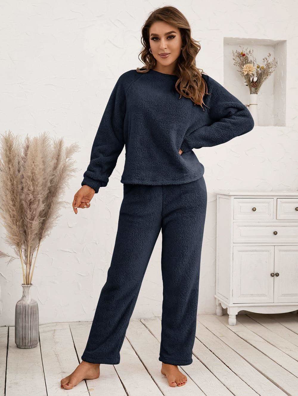 Teddy Long Sleeve Top and Pants Lounge Set in Navy - photo