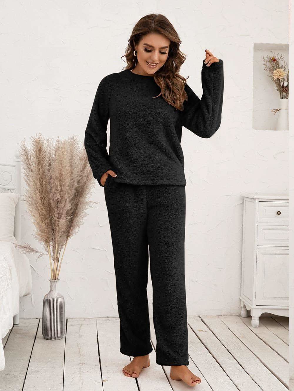 Teddy Long Sleeve Top and Pants Lounge Set in Black - photo