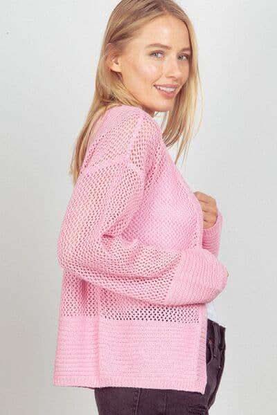 VERY J Eyelet Open Front Long Sleeve Cardigan - SwagglyLife Home & Fashion