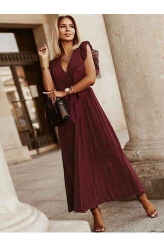 Whitney Tied Surplice Cap Sleeve Pleated Dress - SwagglyLife Home & Fashion Whitney Tied Surplice Cap Sleeve Pleated Dress - SwagglyLife Home & Fashion