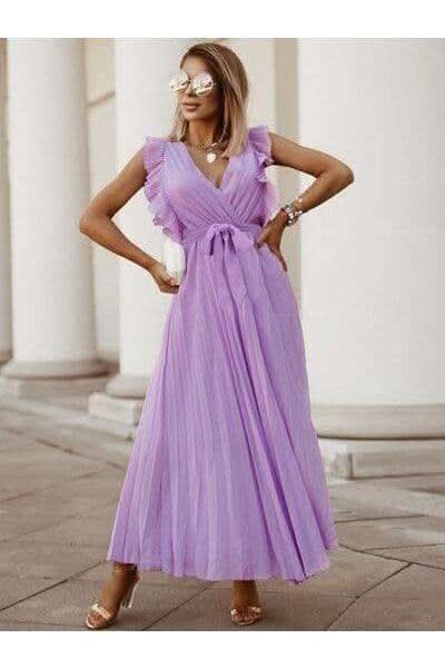 Whitney Tied Surplice Cap Sleeve Pleated Dress - SwagglyLife Home & Fashion