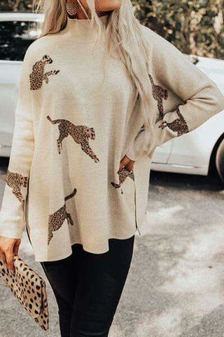 WILD THING Animal Pattern Mock Neck Long Sleeve Slit Sweater - SwagglyLife Home & Fashion WILD THING Animal Pattern Mock Neck Long Sleeve Slit Sweater - SwagglyLife Home & Fashion