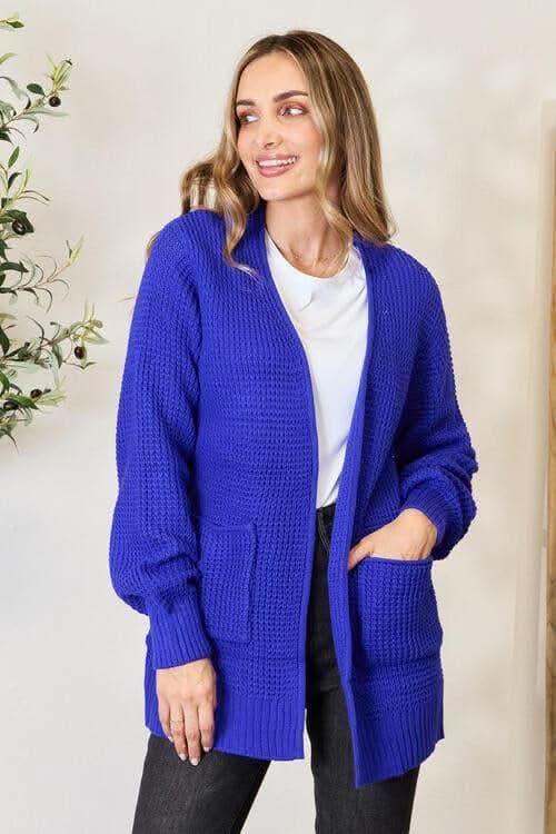 Zenana Full Size Waffle-Knit Open Front Cardigan in Bright Blue - Shirts & Tops photo
