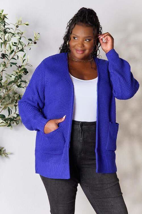 Zenana Full Size Waffle-Knit Open Front Cardigan in Bright Blue - Shirts & Tops photo