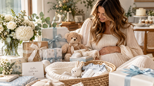 Pregnant woman surrounded by baby shower gifts, flowers, and baby essentials in an elegant home setting