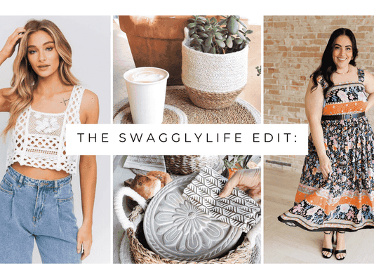 Plus-size woman in floral dress and slim woman in cropped top and denim jeans posing with SwagglyLife artisan-made bread warmer and stylish home accents.