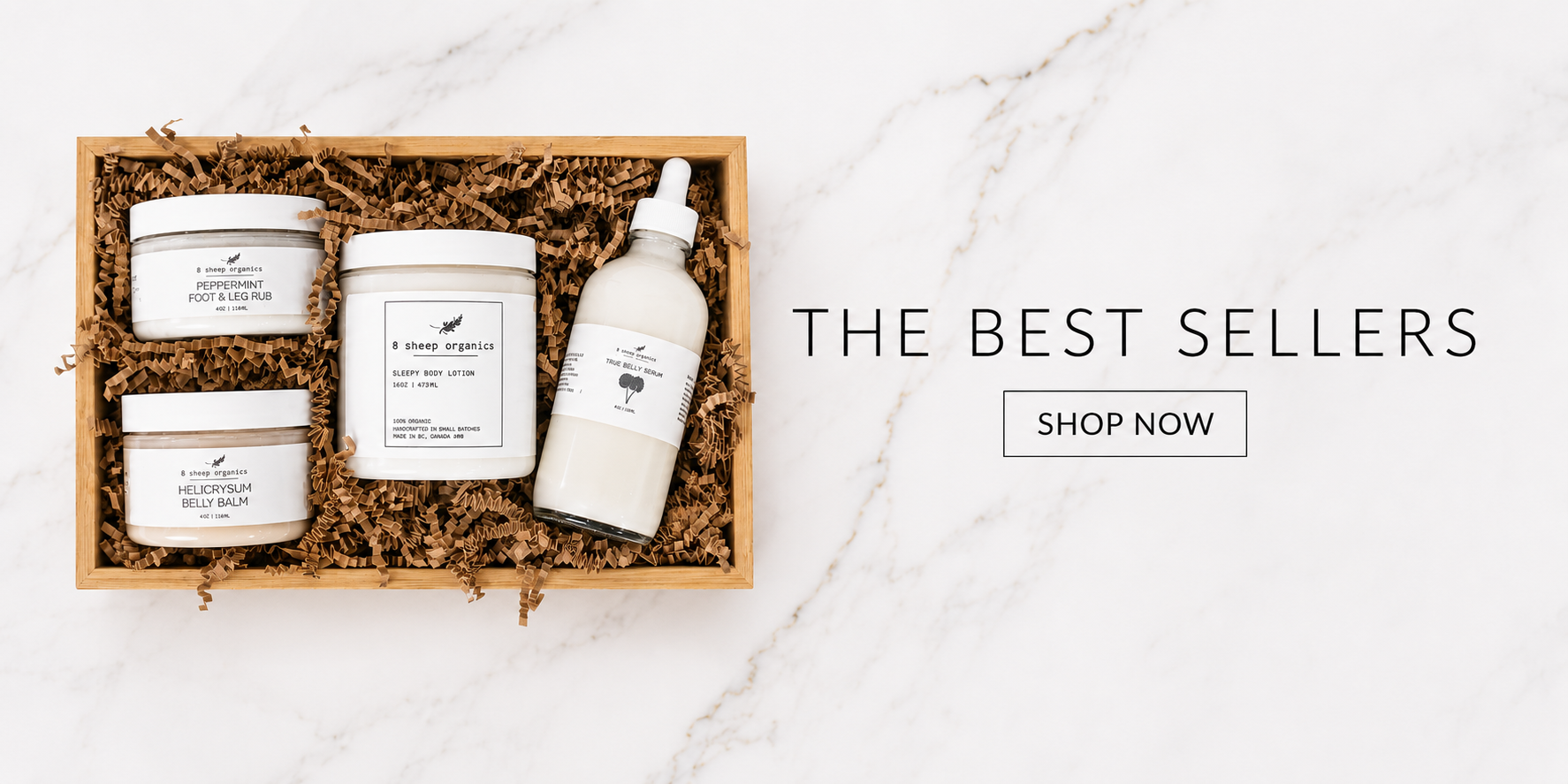 8 Sheep Organics best-selling pregnancy and postpartum skincare collection featuring Sleepy Body Lotion and gift set.