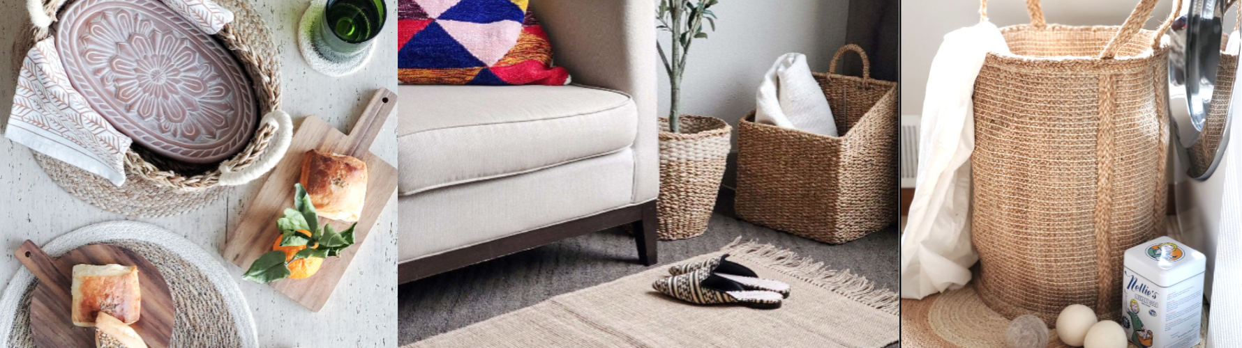 Sustainably handmade jute rug and woven storage baskets by Korissa.