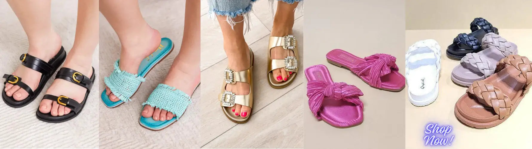 Various styles of women’s flats and sandals from SwagglyLife displayed on a neutral backdrop—featuring strappy sandals, pointed flats, and minimalist slip-ons.
