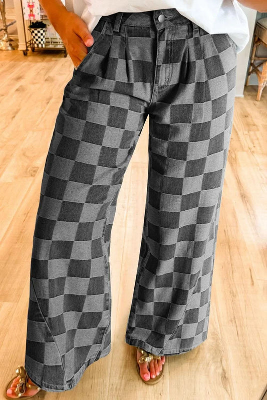 Checkered Wide Leg Jeans with Pockets - Dark Gray