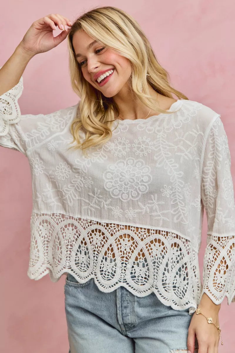 SO ME Floral Embroidered Crochet Lace Trimmed Top in OFF WHITE - photo