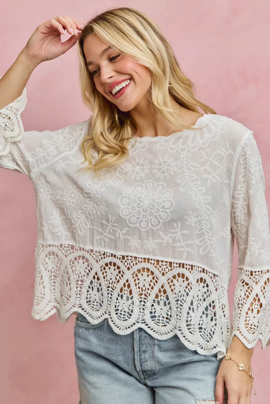 SO ME Floral Embroidered Crochet Lace Trimmed Top in OFF WHITE - photo