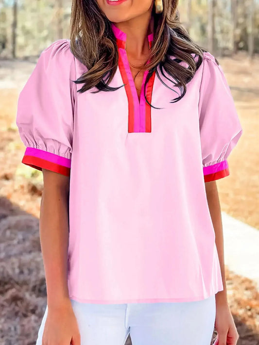 Contrast Trim Notched Short Sleeve Blouse in Blush Pink - photo